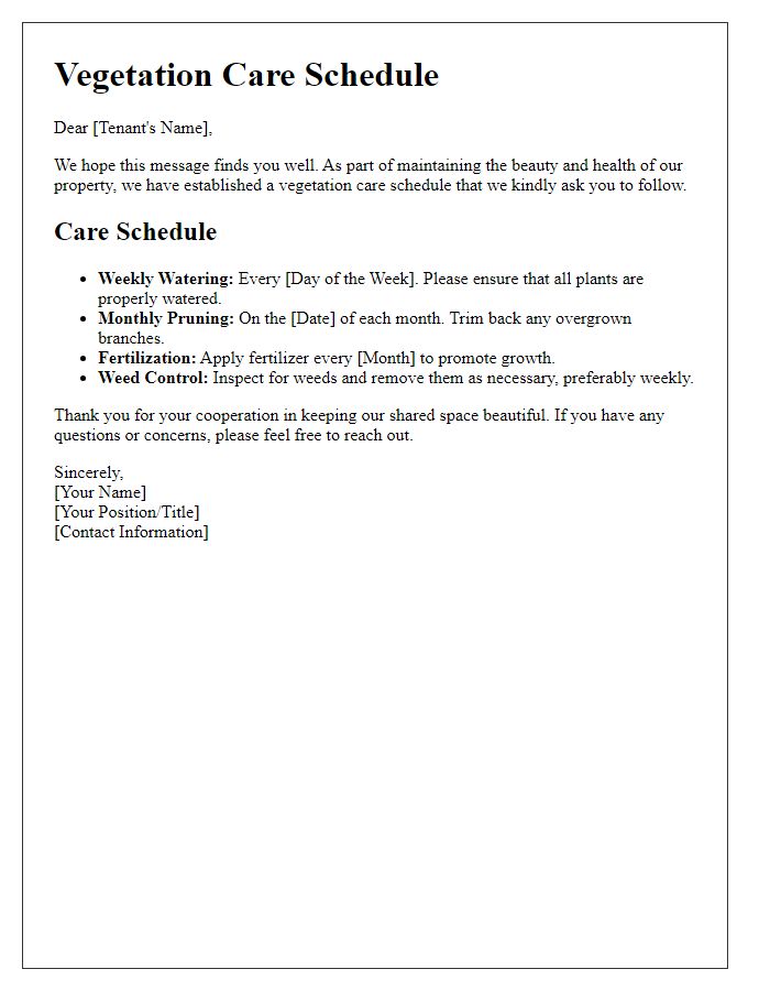 Letter template of vegetation care schedule for tenants.