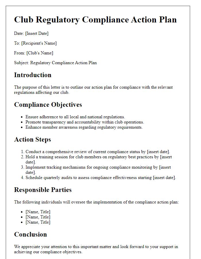 Letter template of club regulatory compliance action plan.