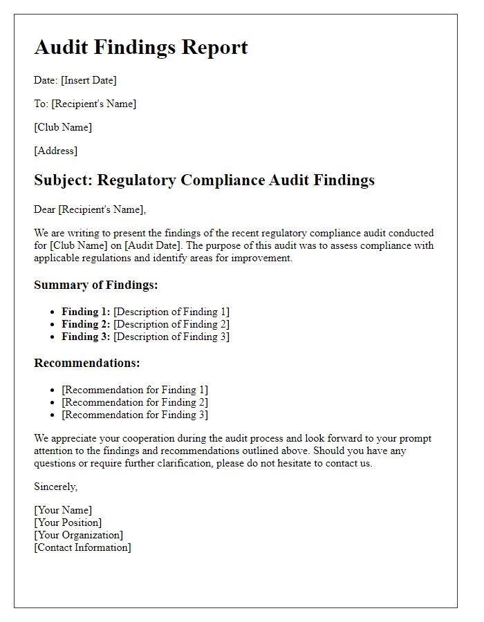 Letter template of club regulatory compliance audit findings.