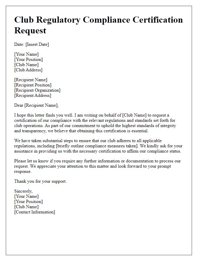 Letter template of club regulatory compliance certification request.