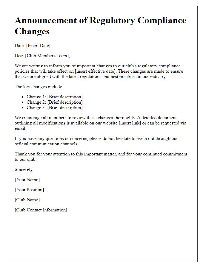 Letter template of club regulatory compliance changes announcement.