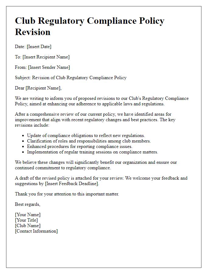 Letter template of club regulatory compliance policy revision.