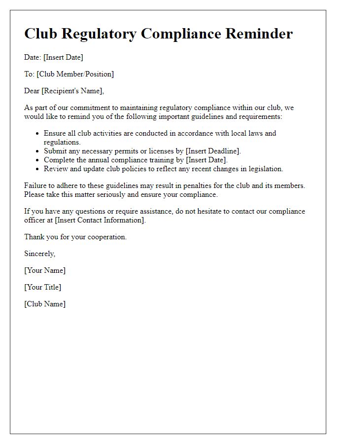 Letter template of club regulatory compliance reminder.