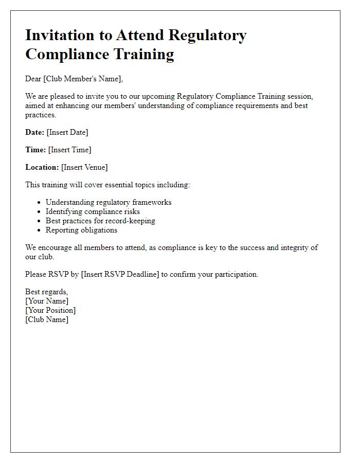 Letter template of club regulatory compliance training invitation.