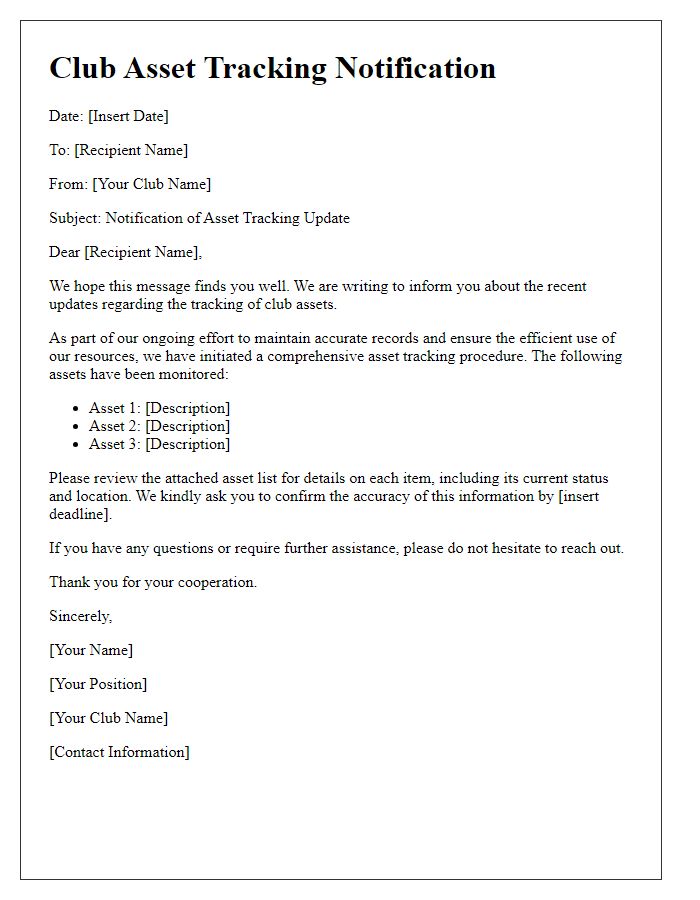 Letter template of club asset tracking notification