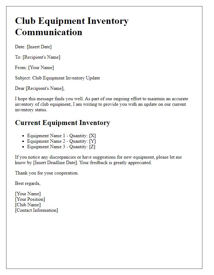 Letter template of club equipment inventory communication