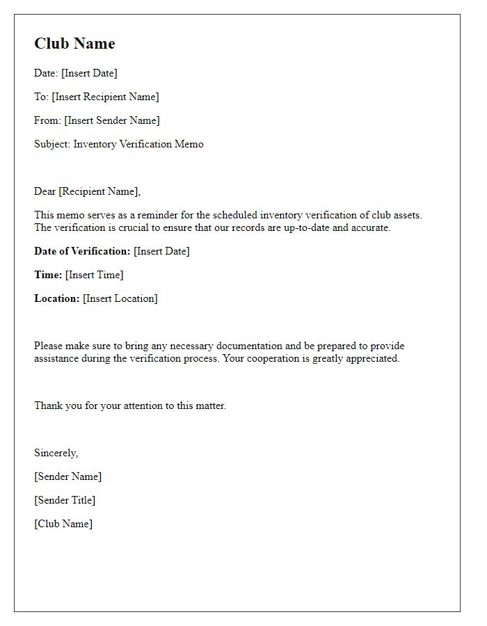 Letter template of club inventory verification memo