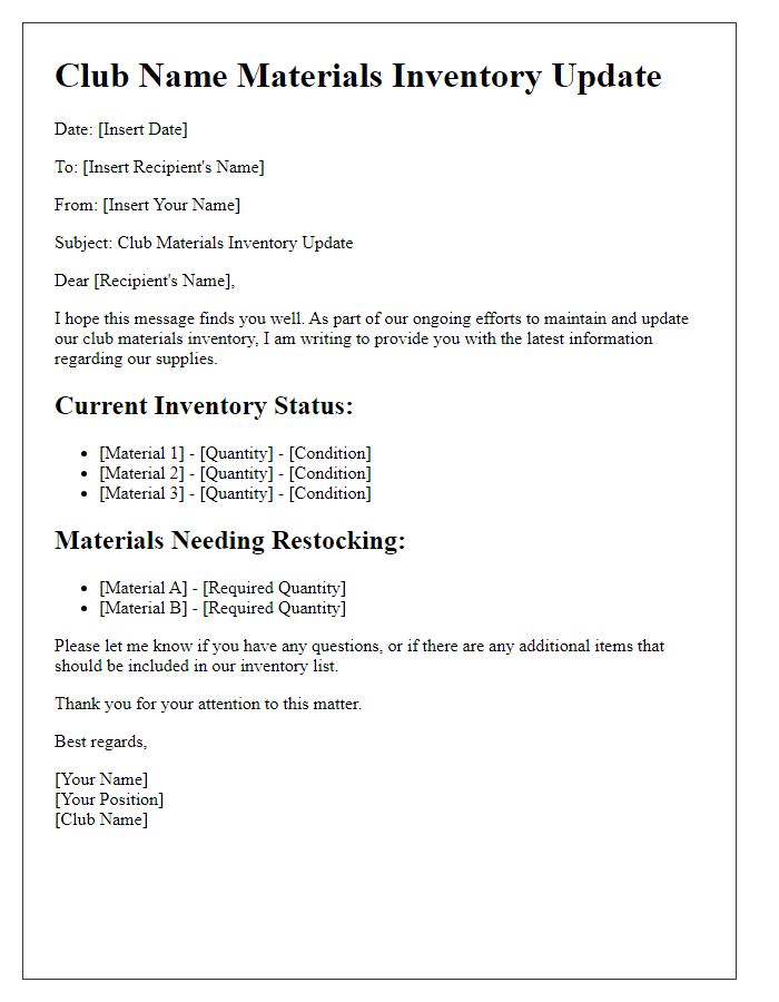 Letter template of club materials inventory update