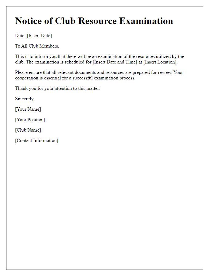 Letter template of club resource examination notice