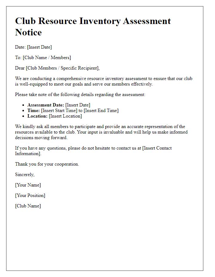 Letter template of club resource inventory assessment notice