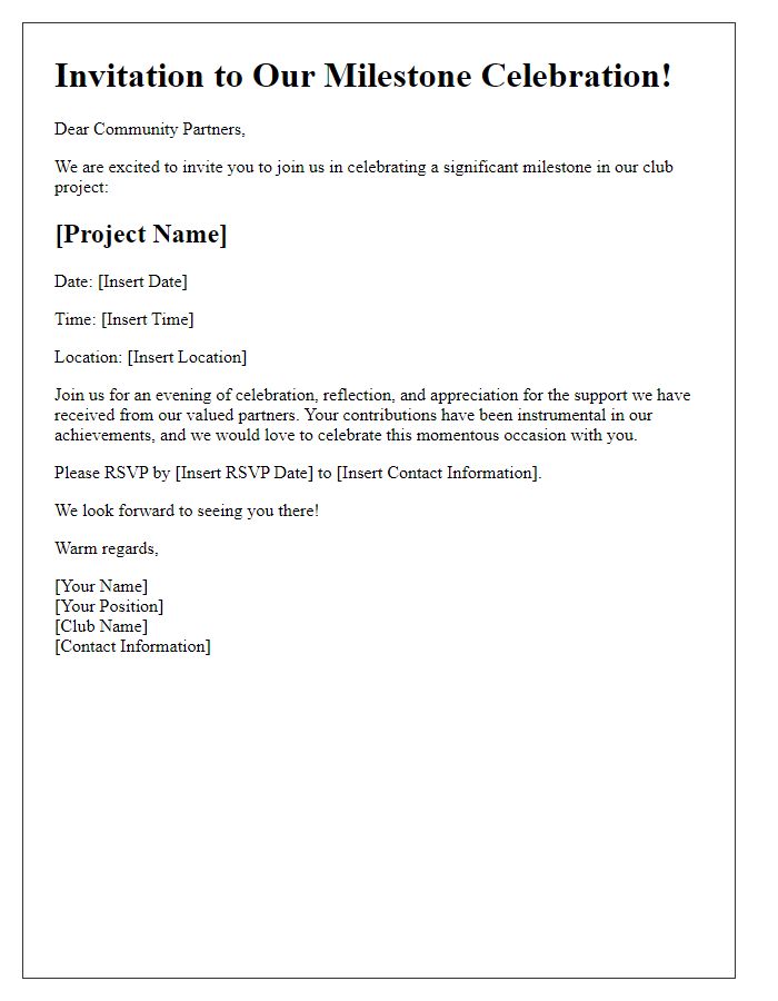 Letter template of club project milestone celebration invitation for community partners.