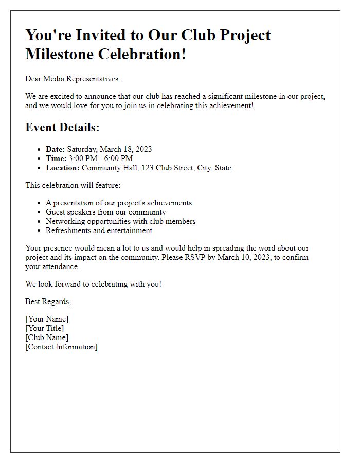 Letter template of club project milestone celebration invitation for the media.