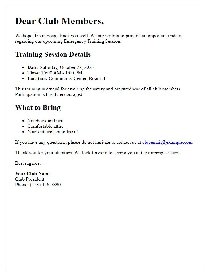 Letter template of club emergency training session update.