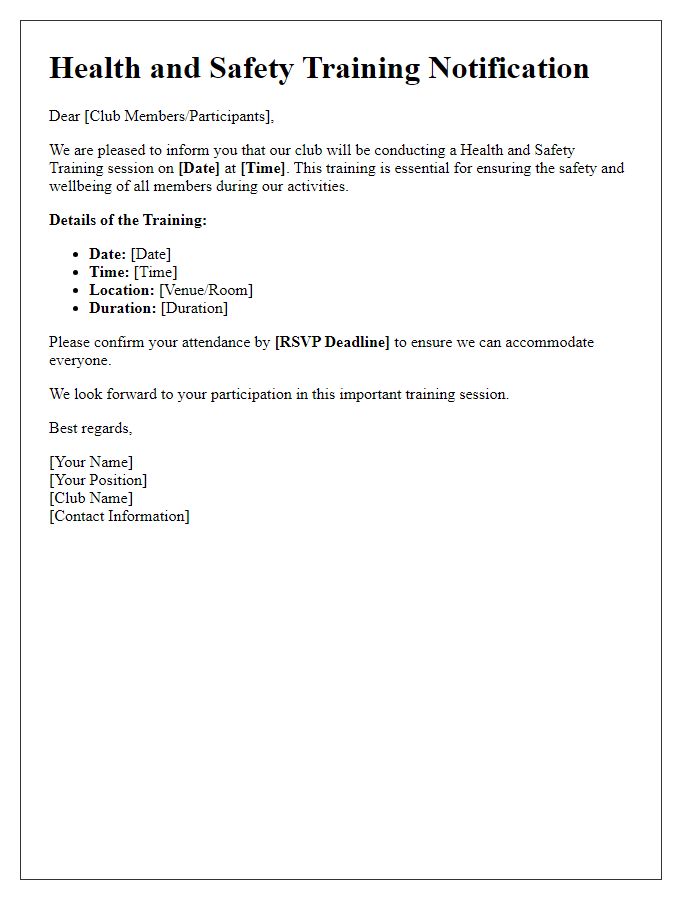 Letter template of club health and safety training notification.