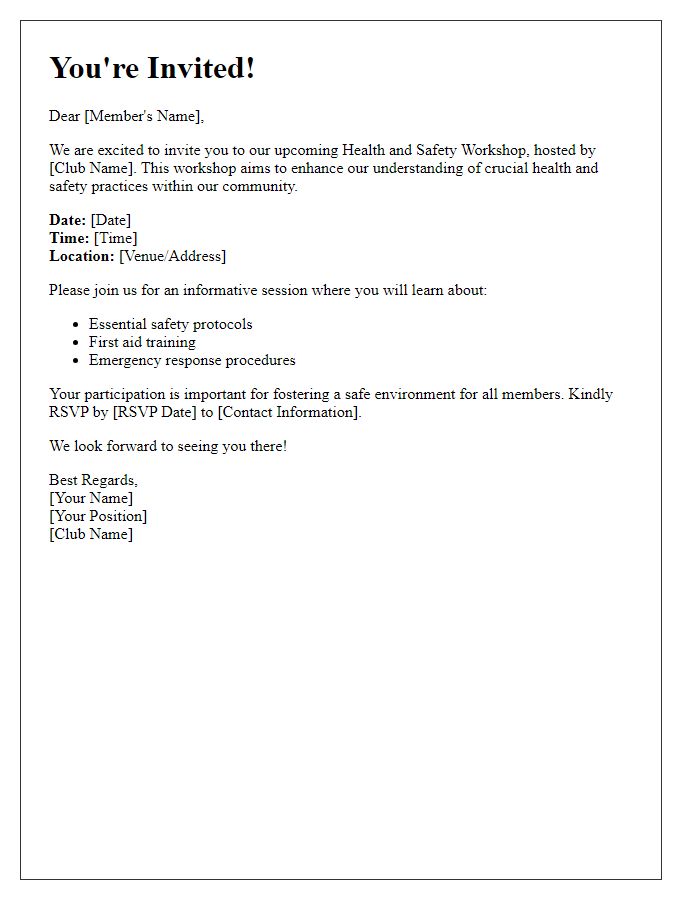 Letter template of club health and safety workshop invitation.