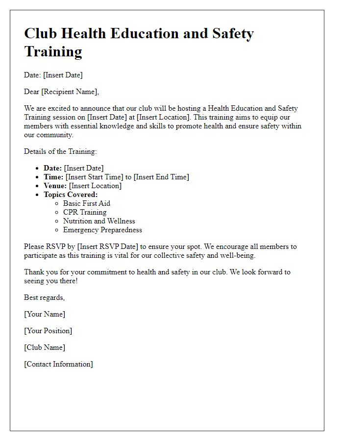 Letter template of club health education and safety training.