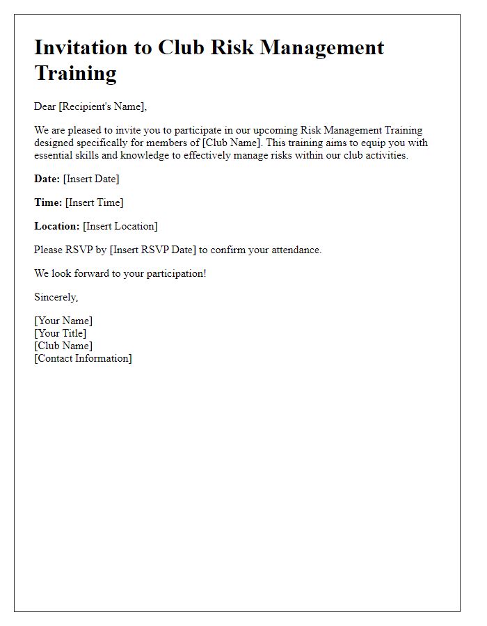 Letter template of club risk management training invitation.