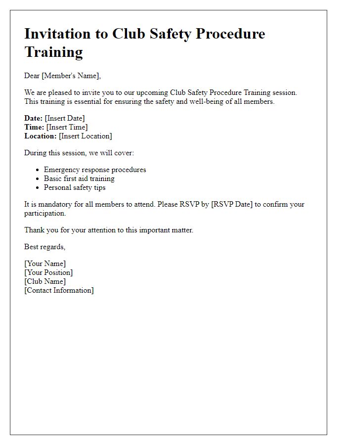 Letter template of club safety procedure training invite.