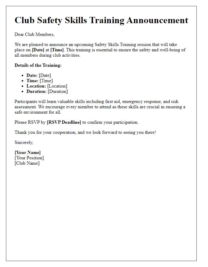 Letter template of club safety skills training announcement.