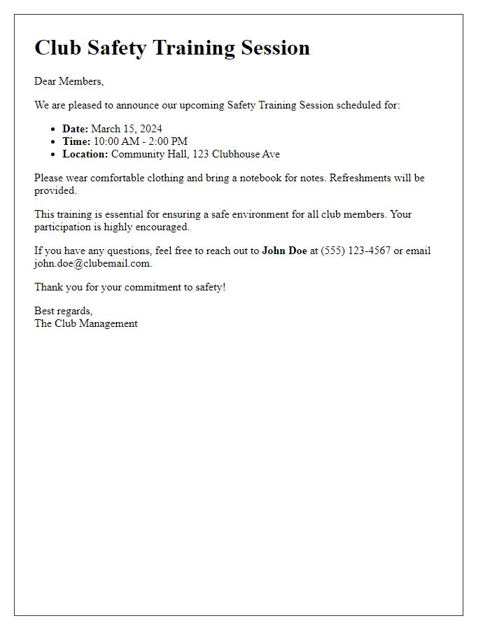 Letter template of club safety training session details.