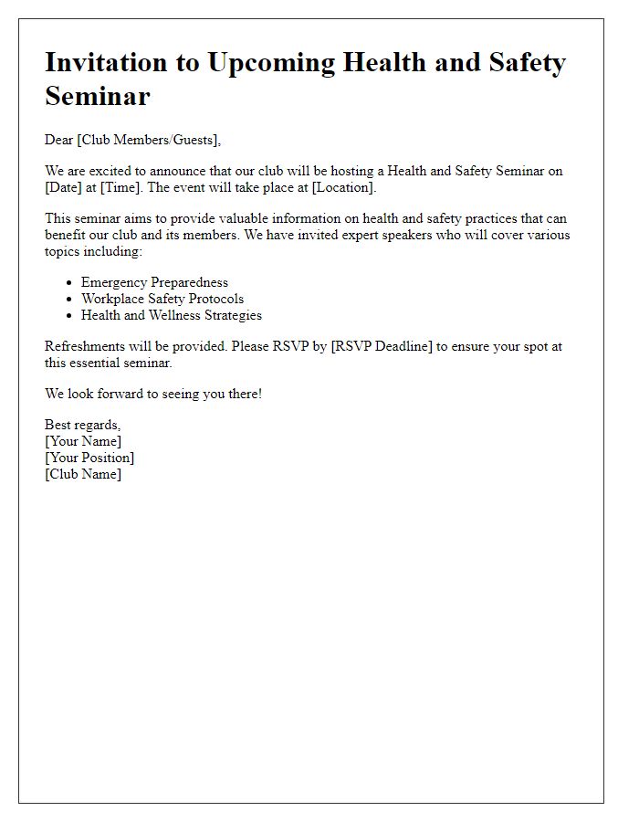 Letter template of upcoming club health and safety seminar.