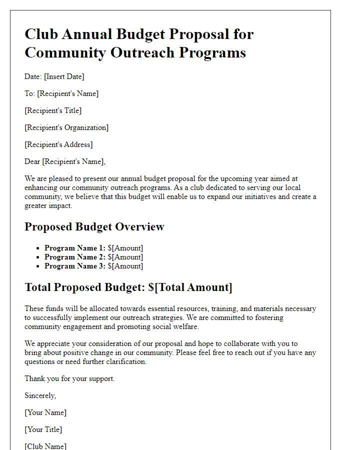 Letter template of club annual budget proposal for community outreach programs.