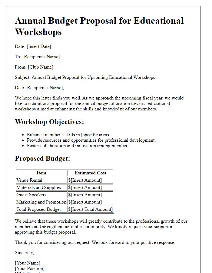 Letter template of club annual budget proposal for educational workshops.