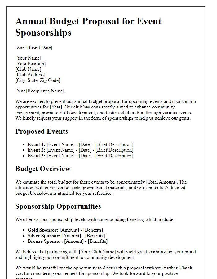 Letter template of club annual budget proposal for event sponsorships.