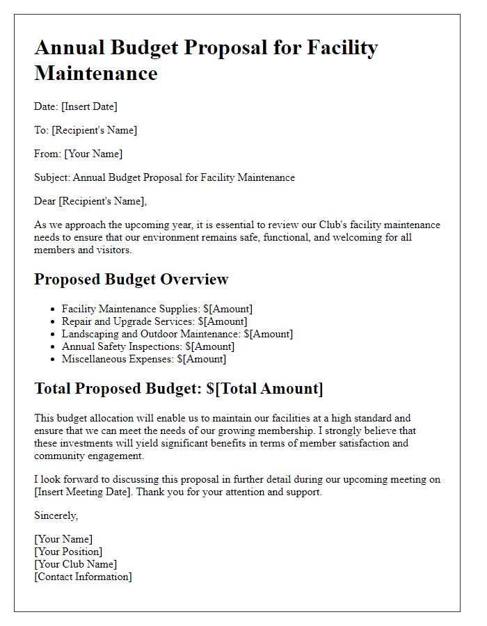 Letter template of club annual budget proposal for facility maintenance.