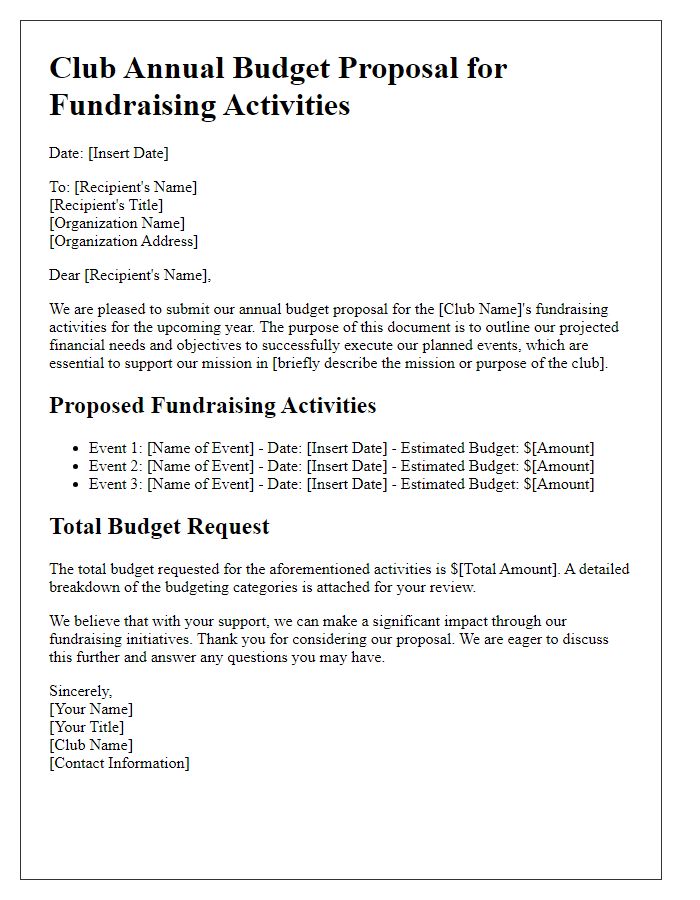 Letter template of club annual budget proposal for fundraising activities.