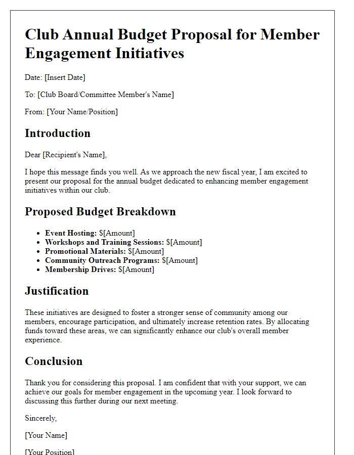 Letter template of club annual budget proposal for member engagement initiatives.