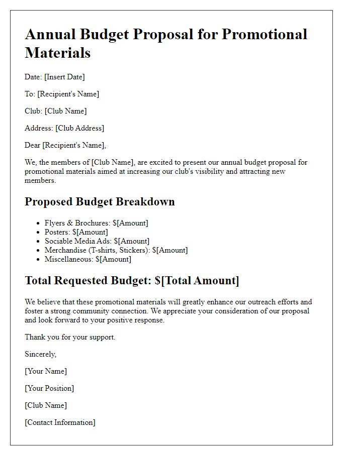 Letter template of club annual budget proposal for promotional materials.