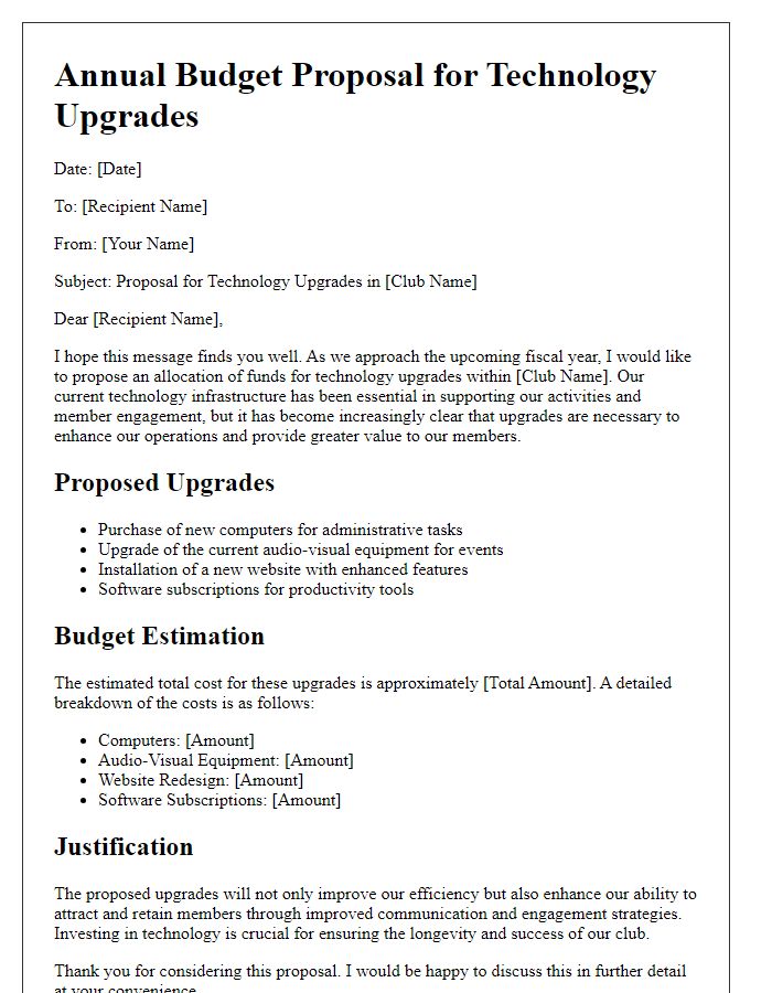 Letter template of club annual budget proposal for technology upgrades.