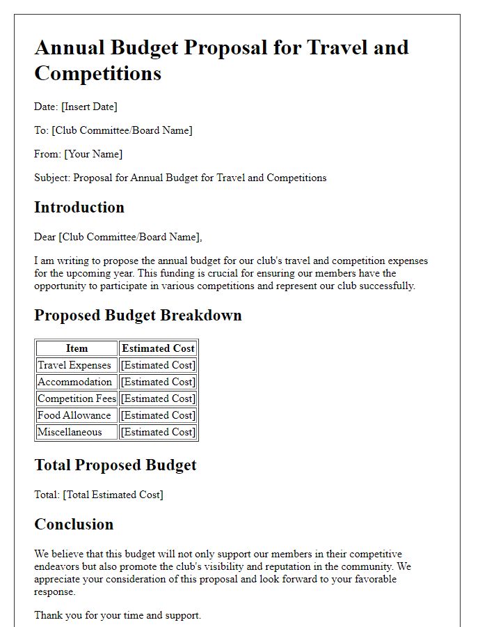 Letter template of club annual budget proposal for travel and competitions.