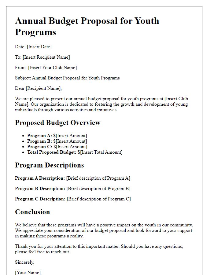 Letter template of club annual budget proposal for youth programs.