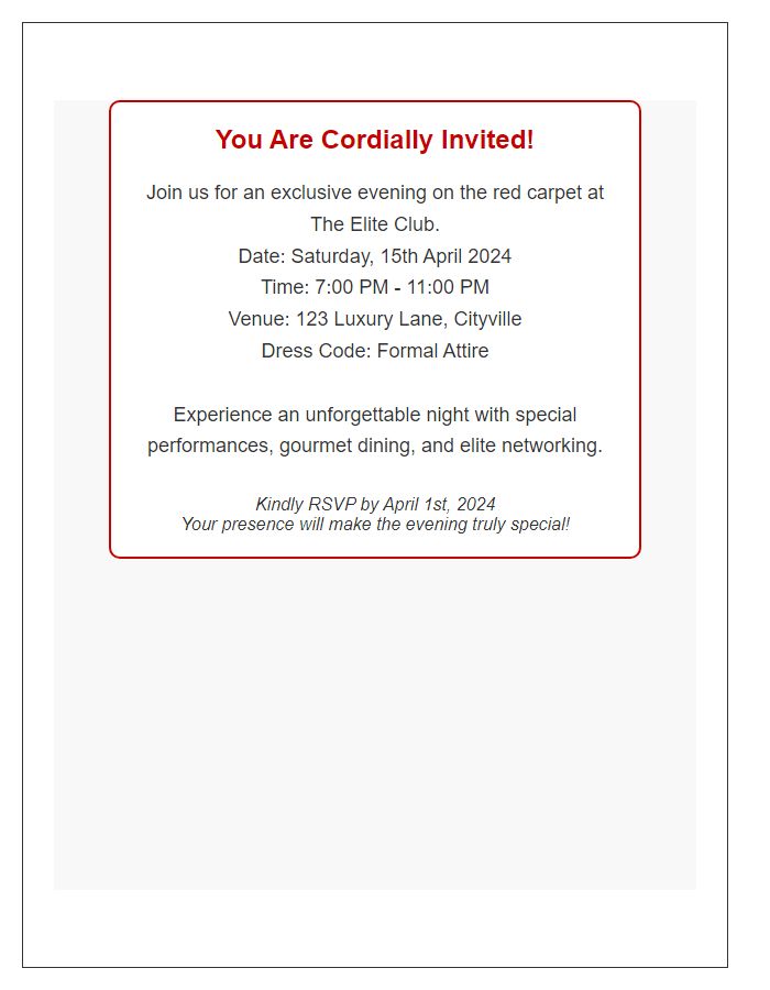 Letter template of red-carpet invitation for high-profile individuals at the club.