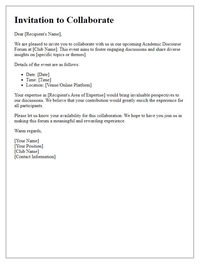 Letter template of invitation to collaborate in our club's academic discourse forum