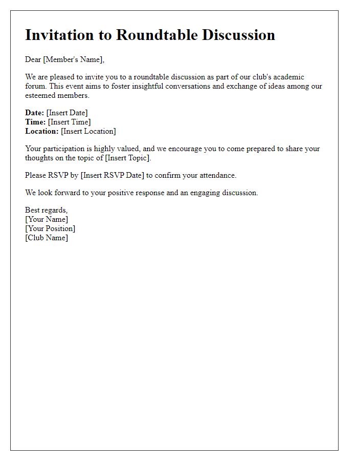 Letter template of invitation for roundtable discussion in the club's academic forum