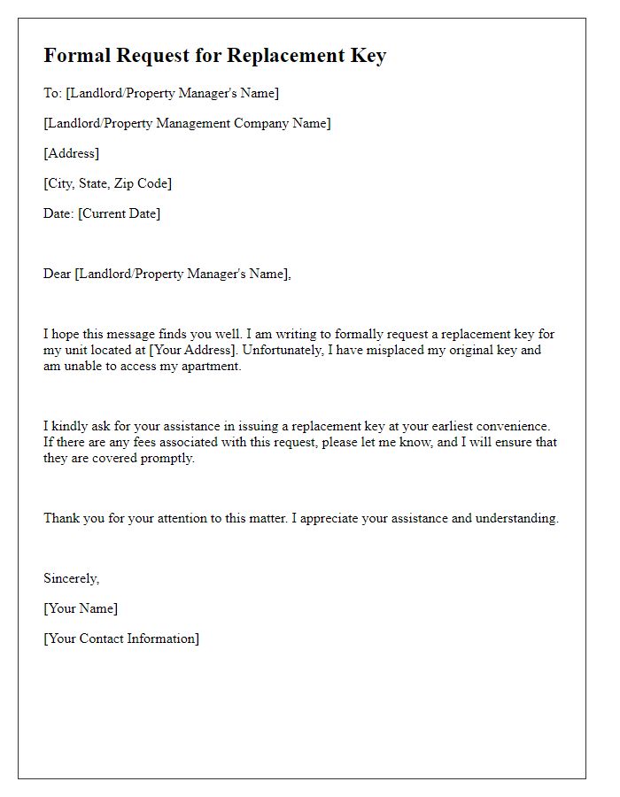 Letter template of formal request for replacement key from tenant