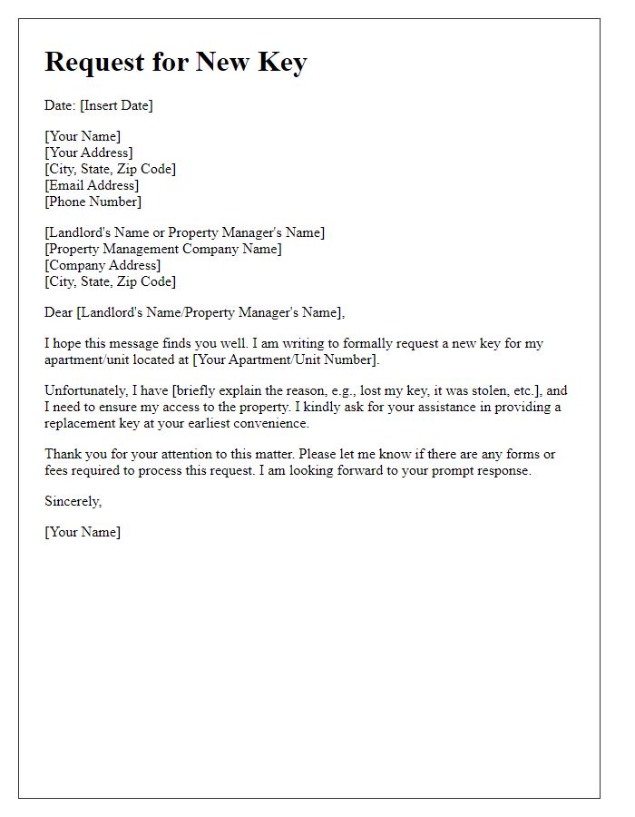 Letter template of request for new key for tenant access