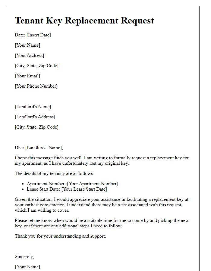 Letter template of tenant key replacement request due to loss