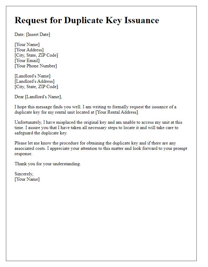 Letter template of tenant request for duplicate key issuance