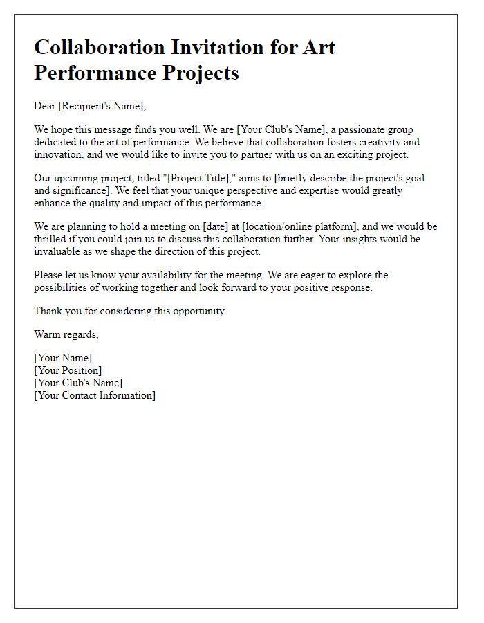 Letter template of collaboration invitation for club art performance projects