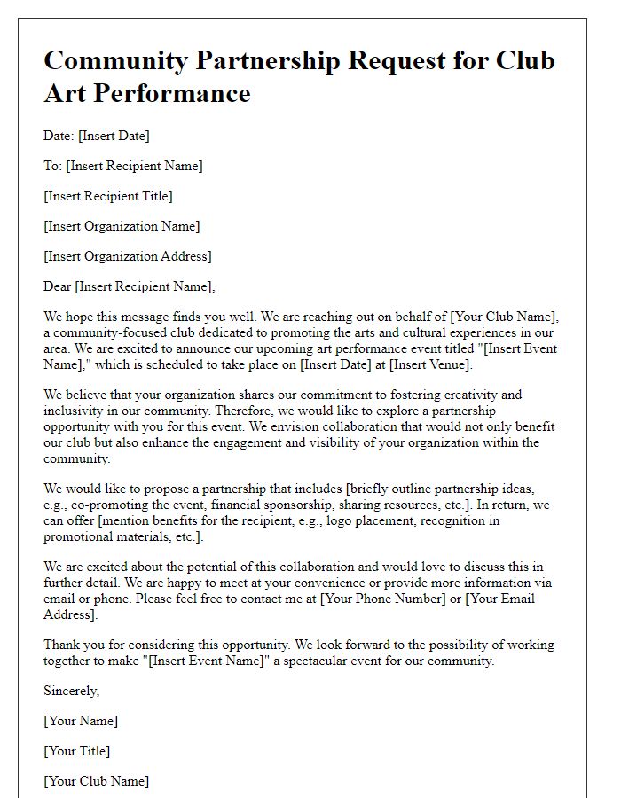 Letter template of community partnership request for club art performance