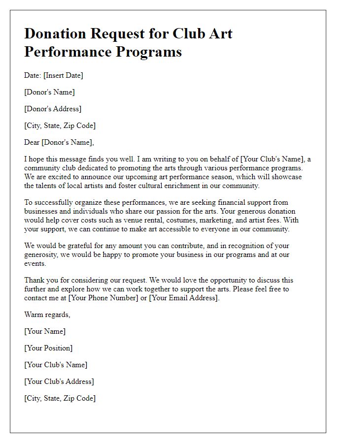 Letter template of donation request for club art performance programs