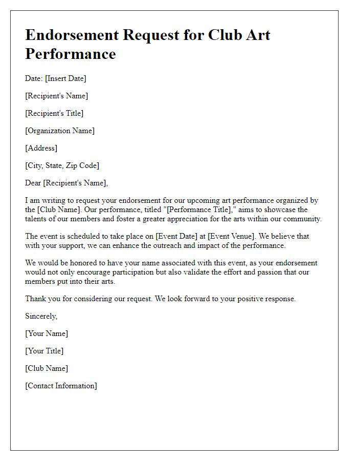 Letter template of endorsement request for club art performance participation