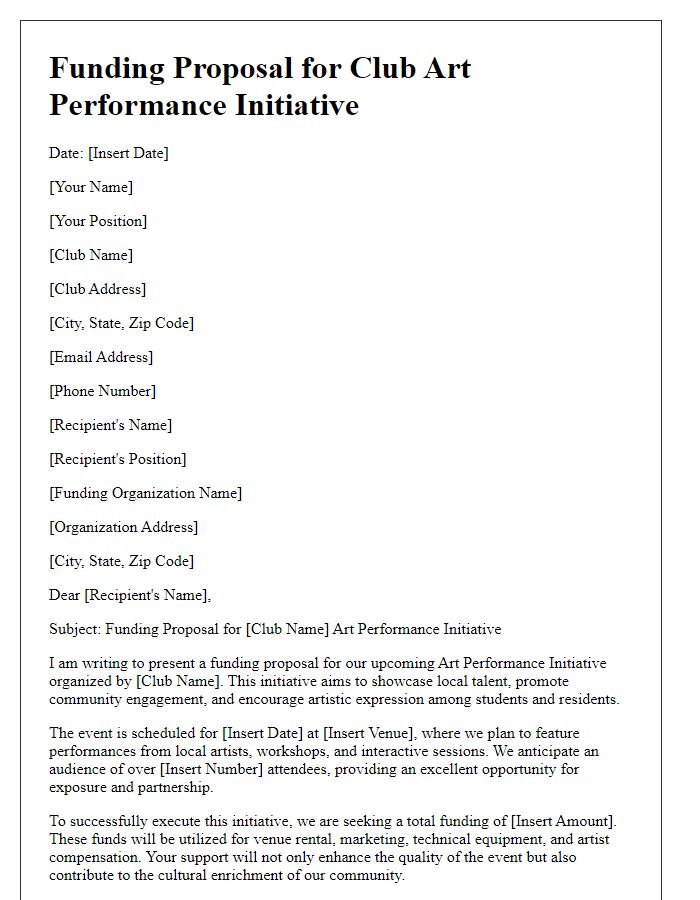 Letter template of funding proposal for club art performance initiative