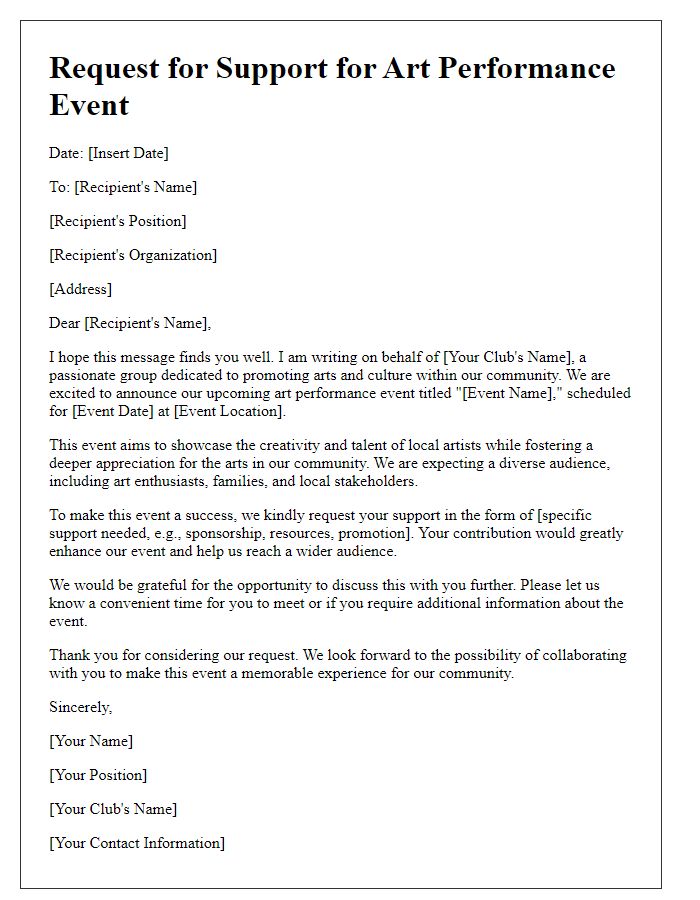 Letter template of request for support for club art performance event