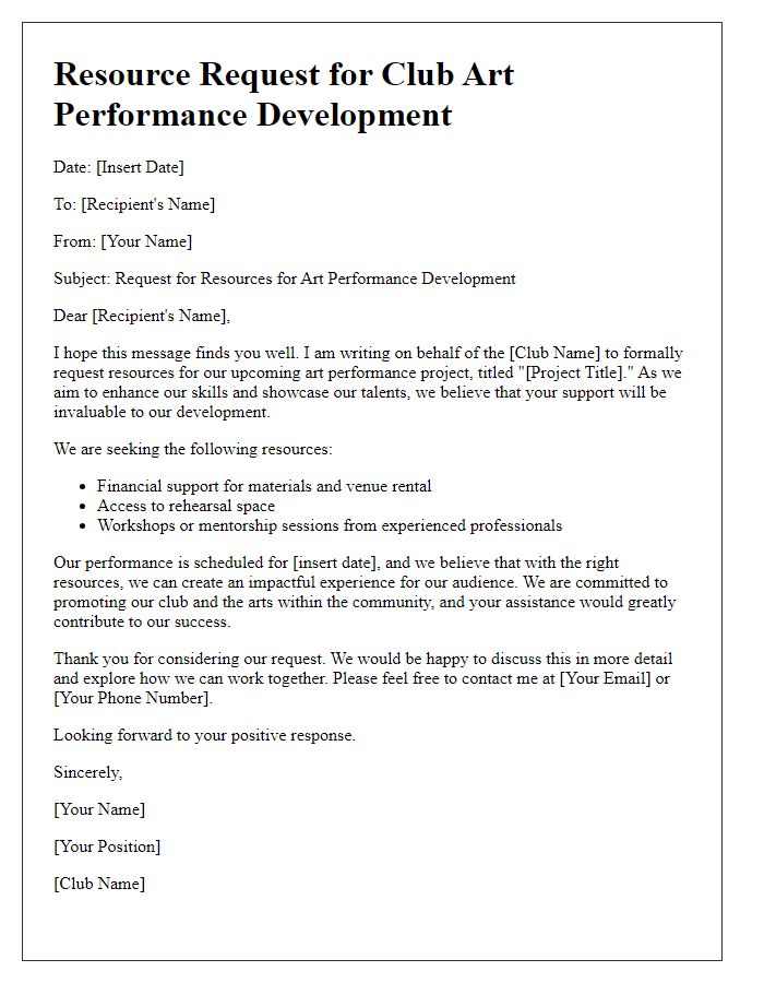 Letter template of resource request for club art performance development