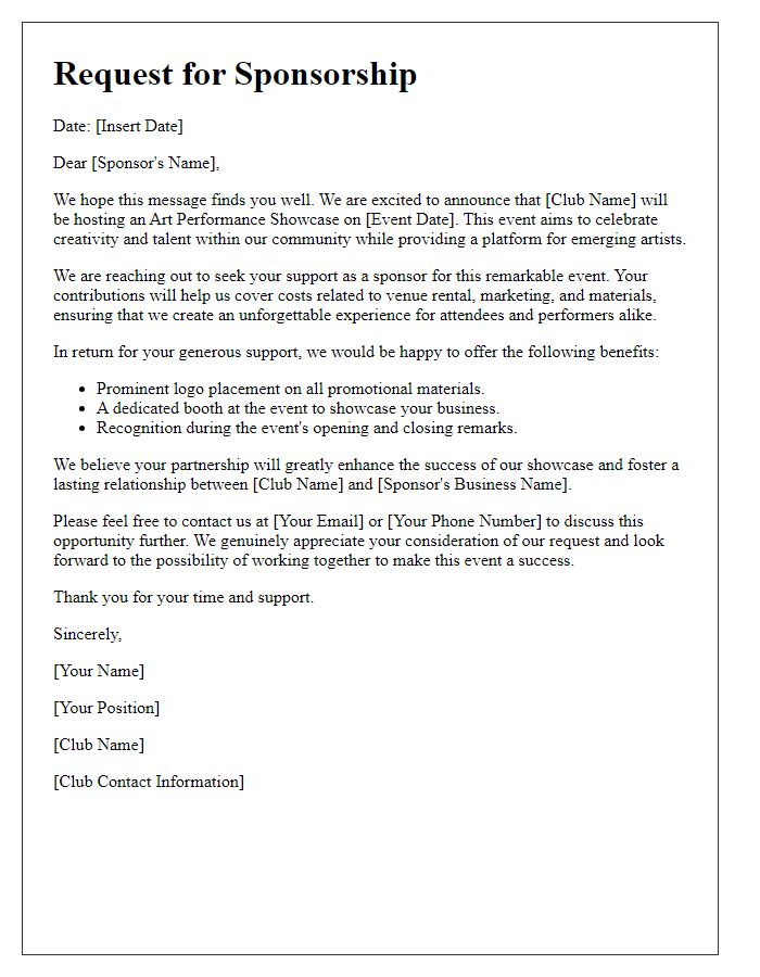 Letter template of sponsorship appeal for club art performance showcase